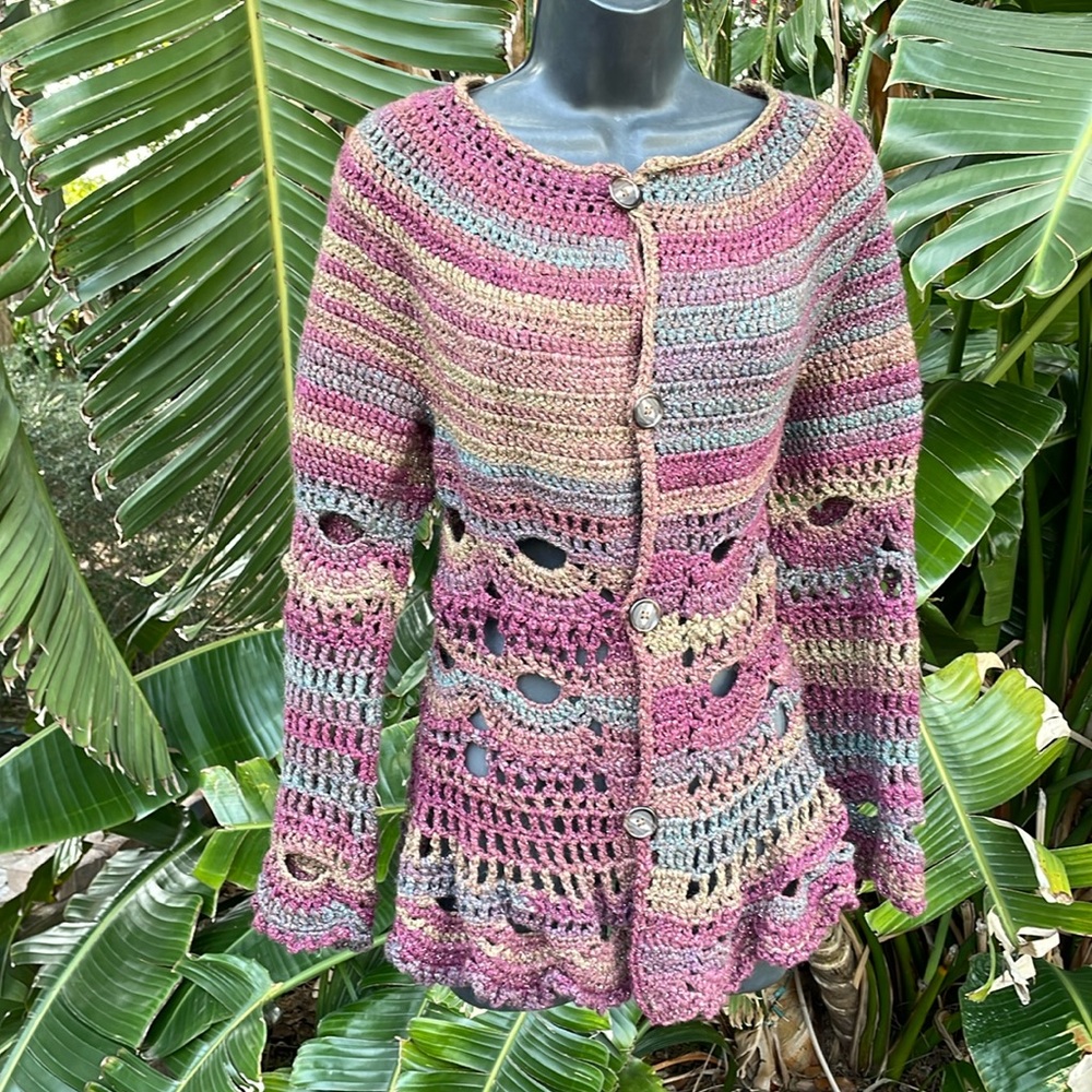 Hand, crochet, peplum cardigan with bell sleeves and sparkle
